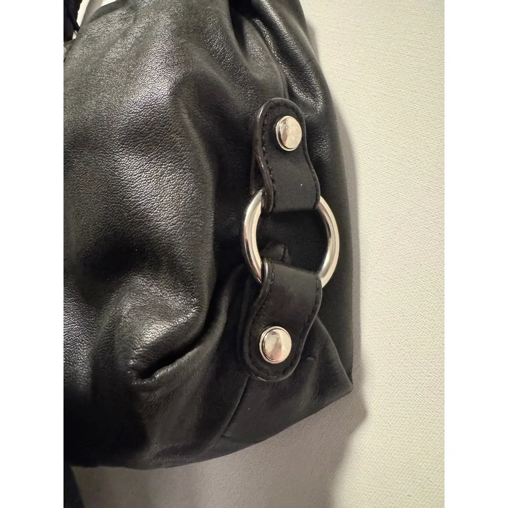 B. Makowsky Y2K Black Leather Hobo Bag Brown Whipstitch Silver‎ Ring Hardware
